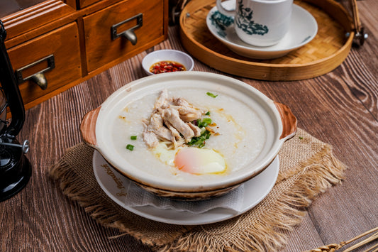 Claypot Porridge with Egg + Steamed Chicken